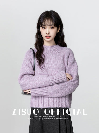 Purple half turtleneck sweater for women thickened 2024 autumn and winter new soft waxy pullover sweater with short top
