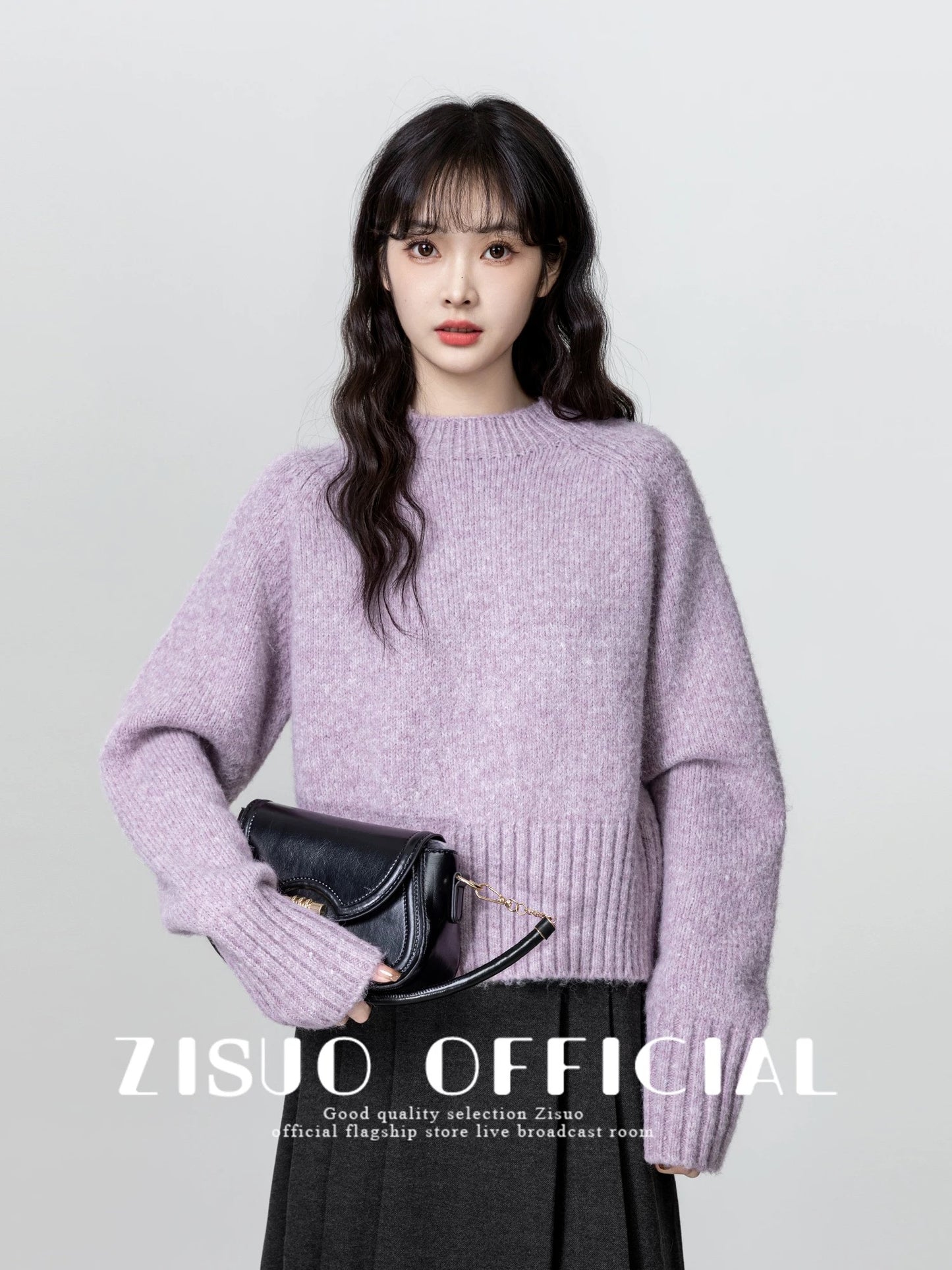Purple half turtleneck sweater for women thickened 2024 autumn and winter new soft waxy pullover sweater with short top