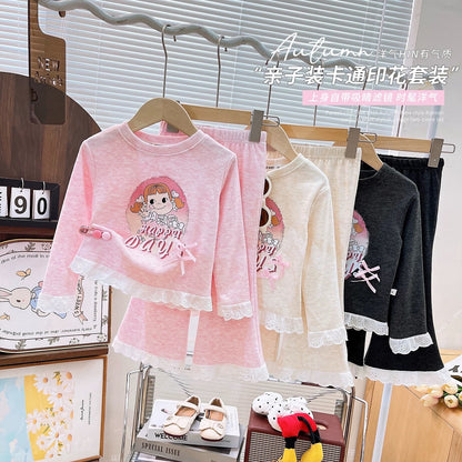 Han Han Liangpin parent-child suit 2025 autumn new lace cartoon T-shirt + flared pants two-piece suit