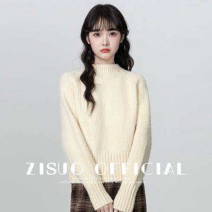 Purple half turtleneck sweater for women thickened 2024 autumn and winter new soft waxy pullover sweater with short top