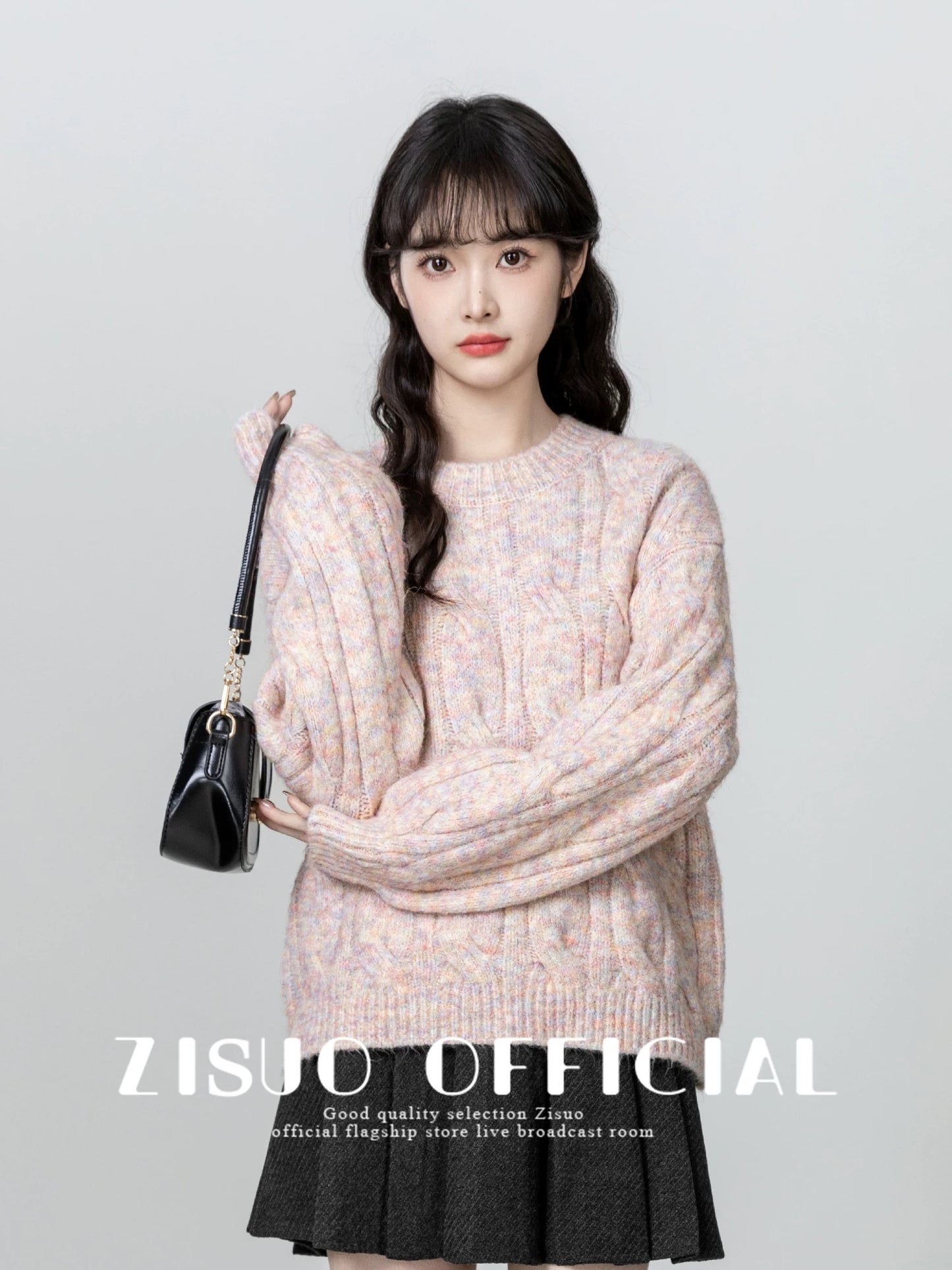 Pink twist round neck sweater for women 2024 autumn and winter new loose lazy thickened pullover sweater outer top