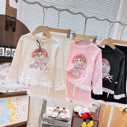 Han Han Liangpin parent-child suit 2025 autumn new lace cartoon T-shirt + flared pants two-piece suit