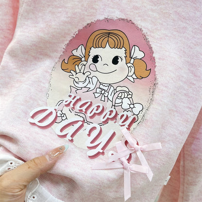 Han Han Liangpin parent-child suit 2025 autumn new lace cartoon T-shirt + flared pants two-piece suit