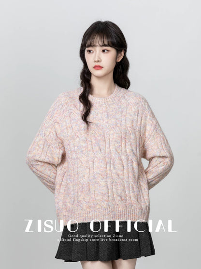 Pink twist round neck sweater for women 2024 autumn and winter new loose lazy thickened pullover sweater outer top