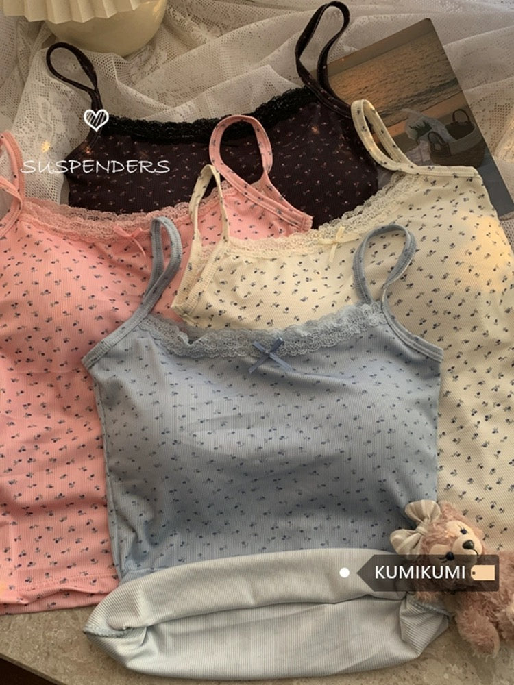 Pure lust style lace edge splicing bow small floral camisole women's summer short slim-fitting top with breast pads