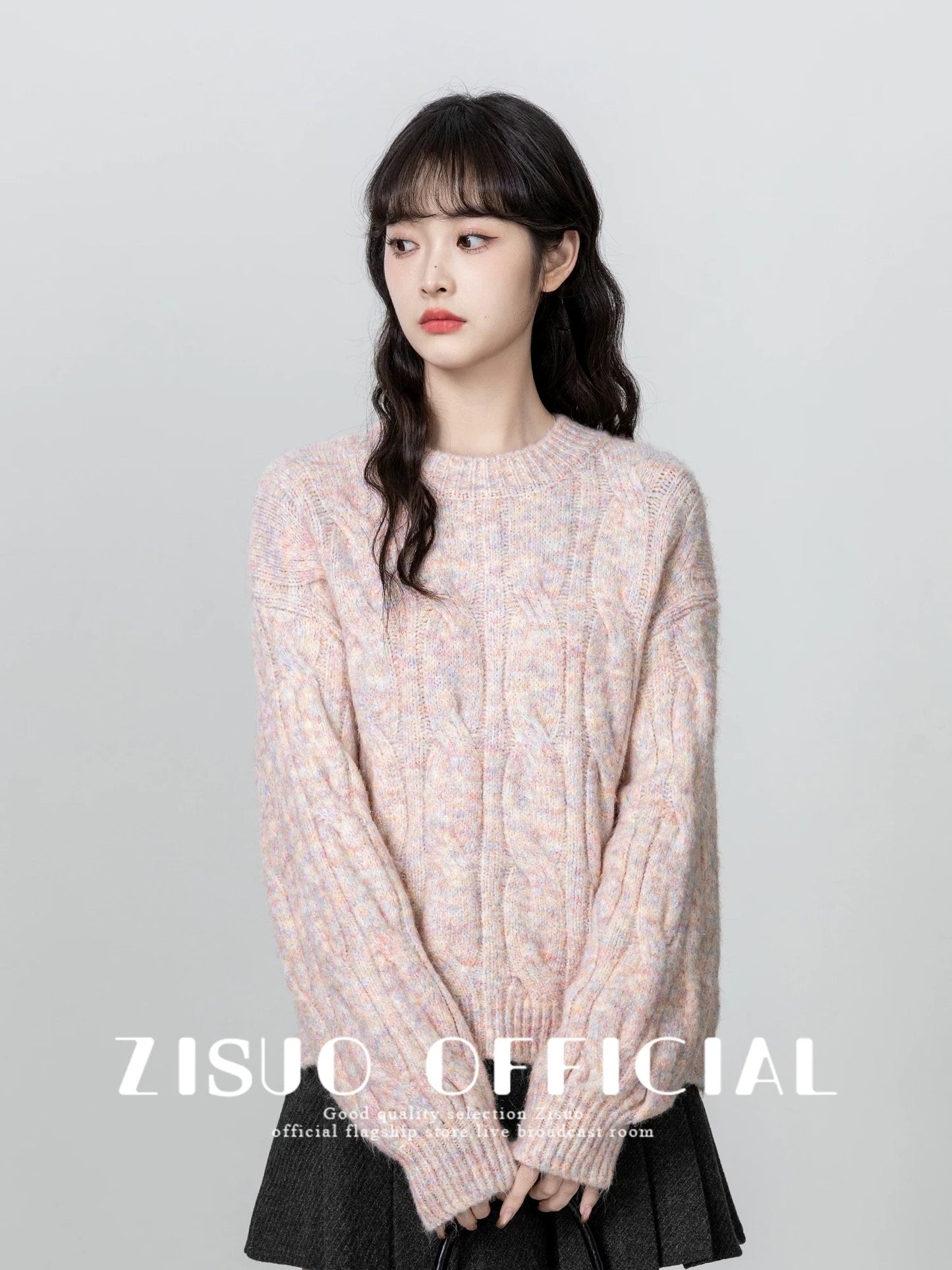 Pink twist round neck sweater for women 2024 autumn and winter new loose lazy thickened pullover sweater outer top