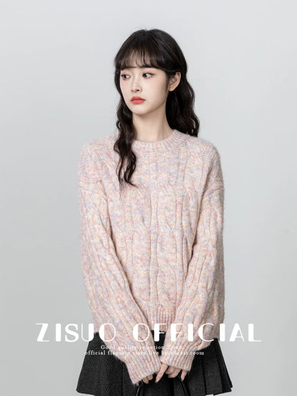 Pink twist round neck sweater for women 2024 autumn and winter new loose lazy thickened pullover sweater outer top