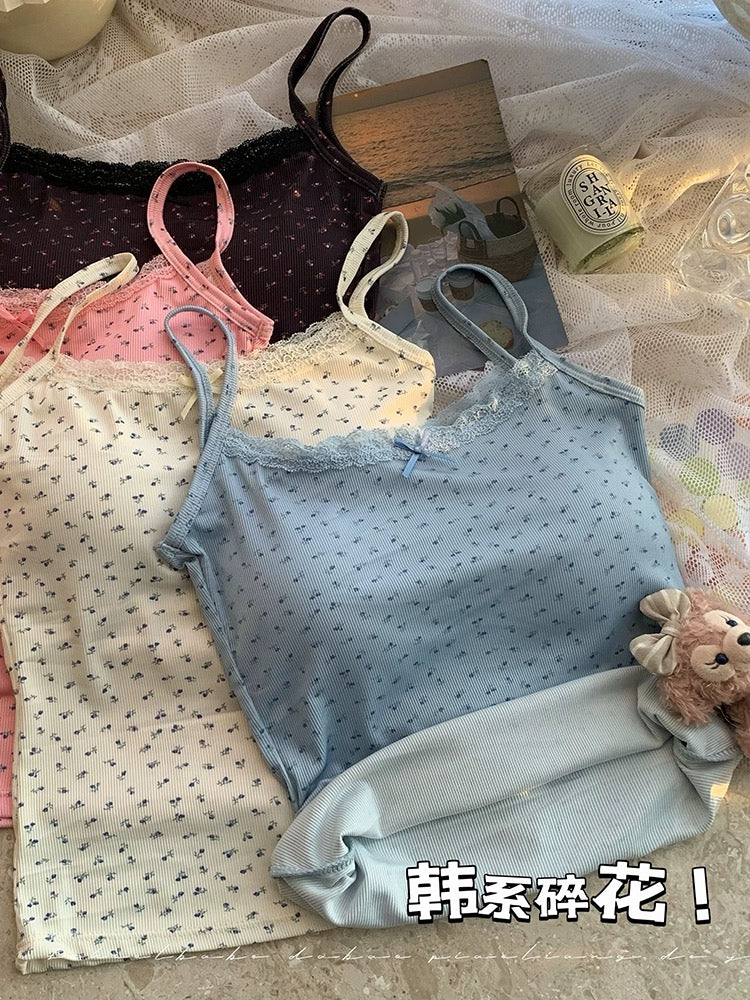 Pure lust style lace edge splicing bow small floral camisole women's summer short slim-fitting top with breast pads