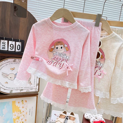 Han Han Liangpin parent-child suit 2025 autumn new lace cartoon T-shirt + flared pants two-piece suit