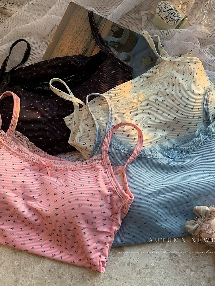 Pure lust style lace edge splicing bow small floral camisole women's summer short slim-fitting top with breast pads