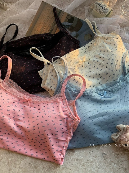 Pure lust style lace edge splicing bow small floral camisole women's summer short slim-fitting top with breast pads