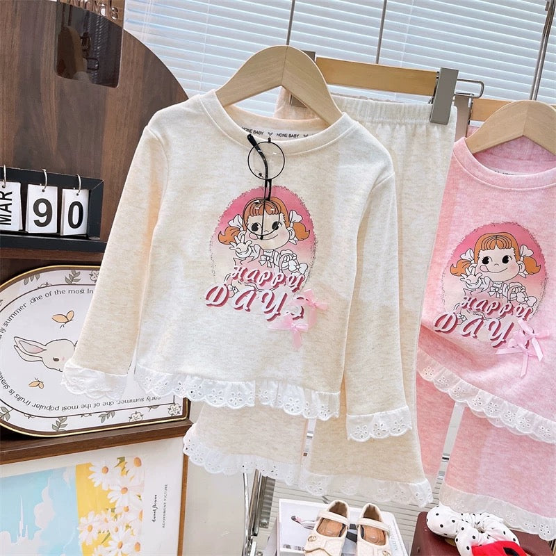 Han Han Liangpin parent-child suit 2025 autumn new lace cartoon T-shirt + flared pants two-piece suit