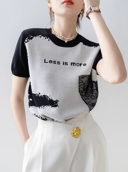 French black and white jacquard short-sleeved knitted t-shirt short-sleeved women's clothing 2025 summer new loose unique and chic tops