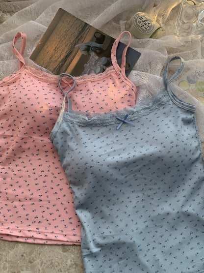 Pure lust style lace edge splicing bow small floral camisole women's summer short slim-fitting top with breast pads