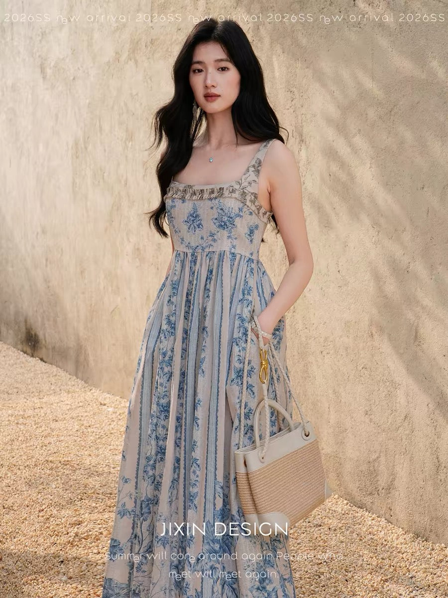 "Lanting" French-style hand-painted vintage placement-print vacation maxi dress with a smocked square neckline and spaghetti straps.