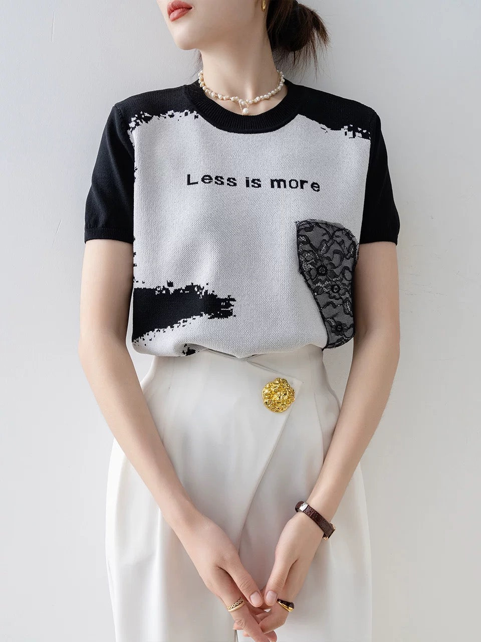 French black and white jacquard short-sleeved knitted t-shirt short-sleeved women's clothing 2025 summer new loose unique and chic tops