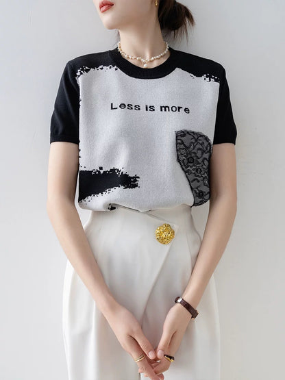 French black and white jacquard short-sleeved knitted t-shirt short-sleeved women's clothing 2025 summer new loose unique and chic tops