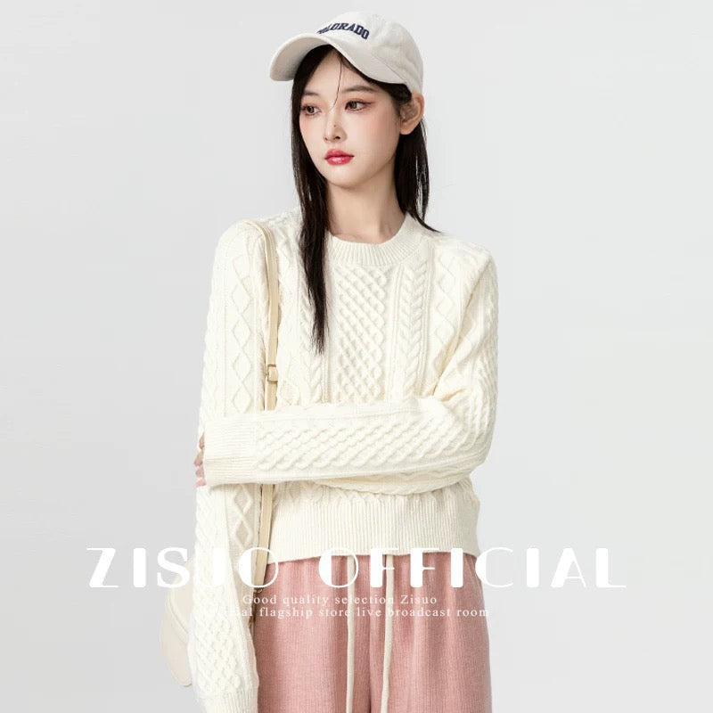 2024 new autumn and winter apricot round neck sweater for women winter thickened twist design bottoming sweater short top