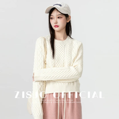 2024 new autumn and winter apricot round neck sweater for women winter thickened twist design bottoming sweater short top