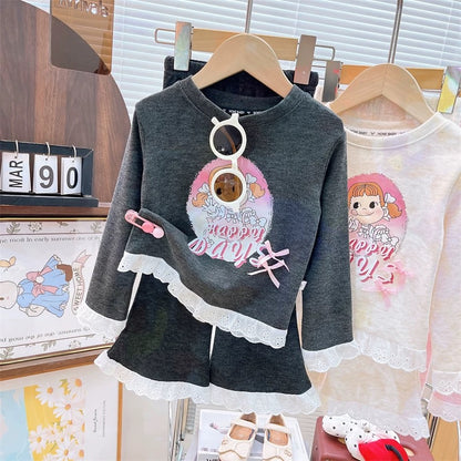 Han Han Liangpin parent-child suit 2025 autumn new lace cartoon T-shirt + flared pants two-piece suit