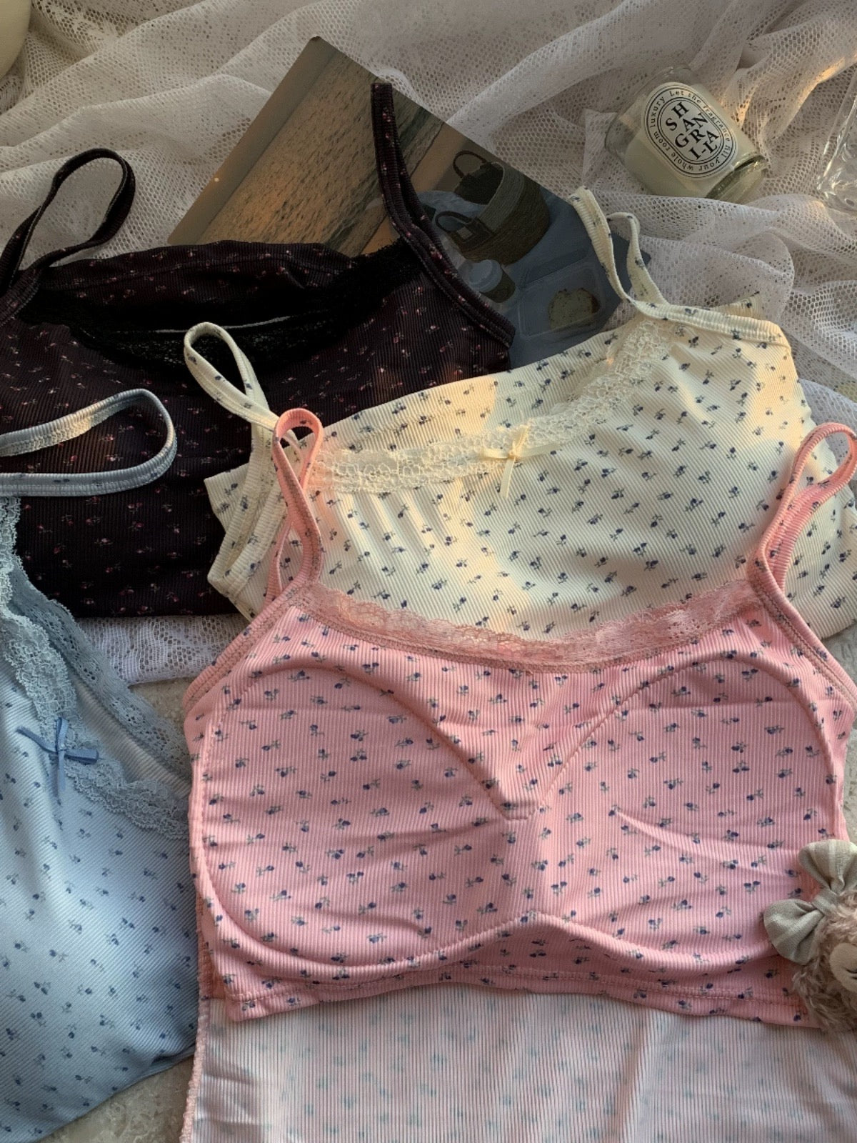 Pure lust style lace edge splicing bow small floral camisole women's summer short slim-fitting top with breast pads