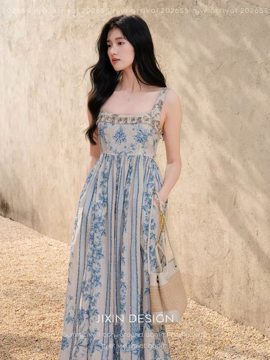 "Lanting" French-style hand-painted vintage placement-print vacation maxi dress with a smocked square neckline and spaghetti straps.
