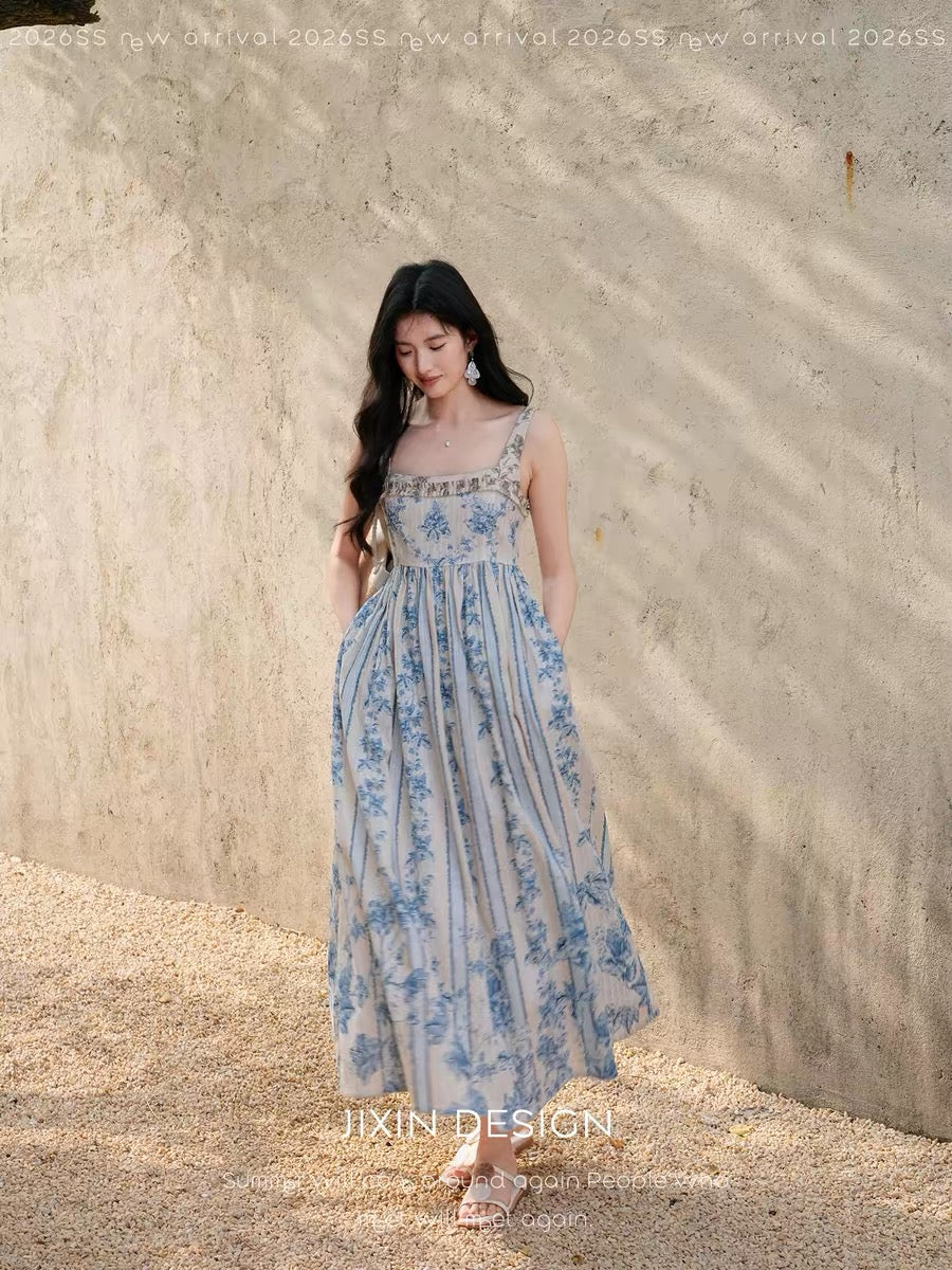 "Lanting" French-style hand-painted vintage placement-print vacation maxi dress with a smocked square neckline and spaghetti straps.