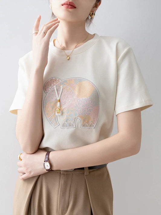 New Chinese style short-sleeved T-shirt ladies summer 2025 new light apricot round neck straight shoulder unique and exquisite top