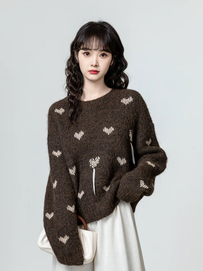 Retro brown round neck sweater for women 2024 autumn and winter new style loose lazy style soft waxy thickened sweater top trendy