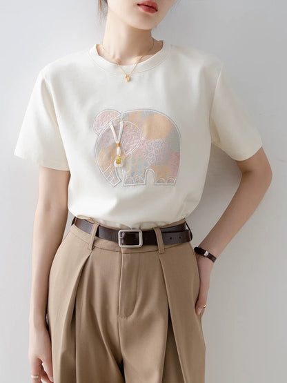 New Chinese style short-sleeved T-shirt ladies summer 2025 new light apricot round neck straight shoulder unique and exquisite top