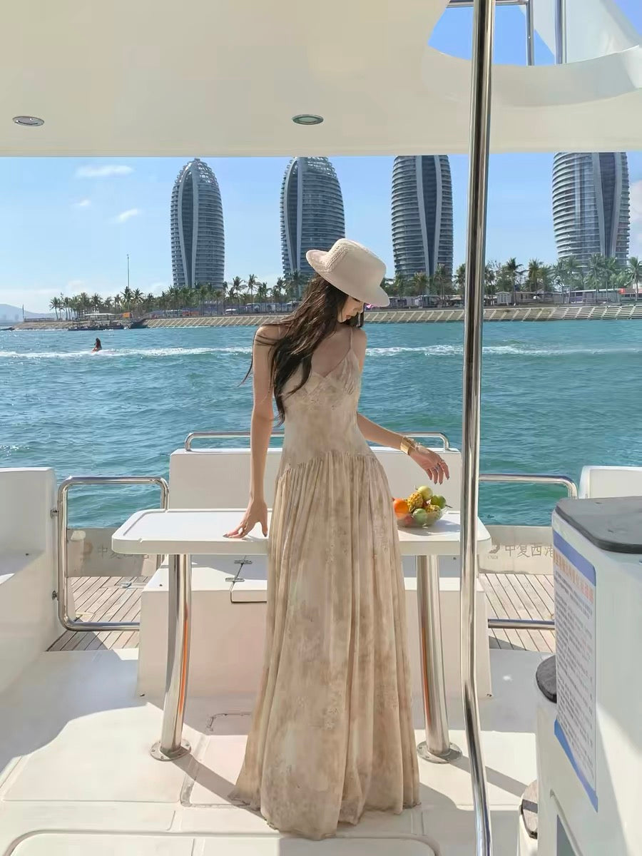 [In Stock] by Onion – Women's Seaside Vacation Floral Mesh Maxi Dress (V-Neck, High-Waisted A-Line)