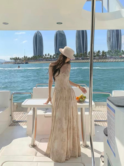 [In Stock] by Onion – Women's Seaside Vacation Floral Mesh Maxi Dress (V-Neck, High-Waisted A-Line)