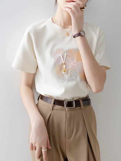 New Chinese style short-sleeved T-shirt ladies summer 2025 new light apricot round neck straight shoulder unique and exquisite top