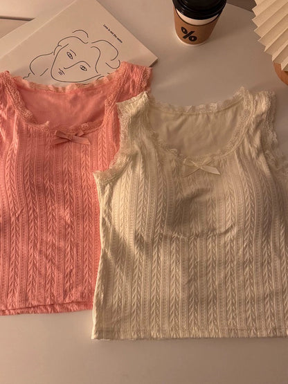 White lace bm camisole women's spring sleeveless sweet and spicy inner layering short top with breast pads for outer wear