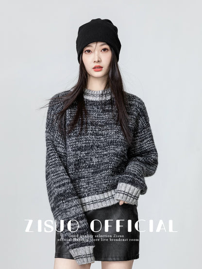 Retro American gray round neck sweater for women 2024 autumn and winter new loose thickened pullover sweater short top