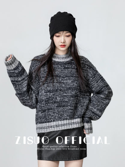 Retro American gray round neck sweater for women 2024 autumn and winter new loose thickened pullover sweater short top