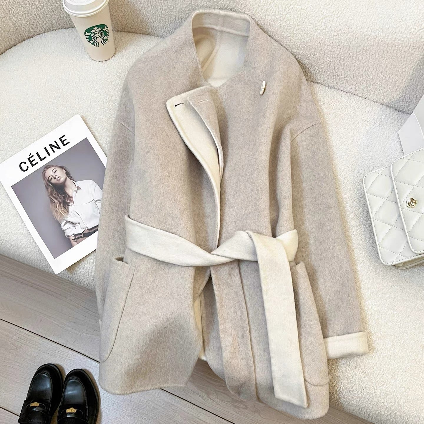 Beige high-end double-faced cashmere coat for women, 2025 autumn and winter new Korean style loose petite wool coat.