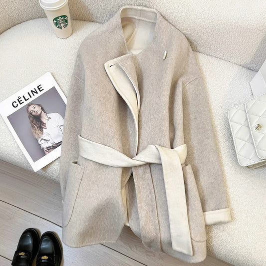 Beige high-end double-faced cashmere coat for women, 2025 autumn and winter new Korean style loose petite wool coat.