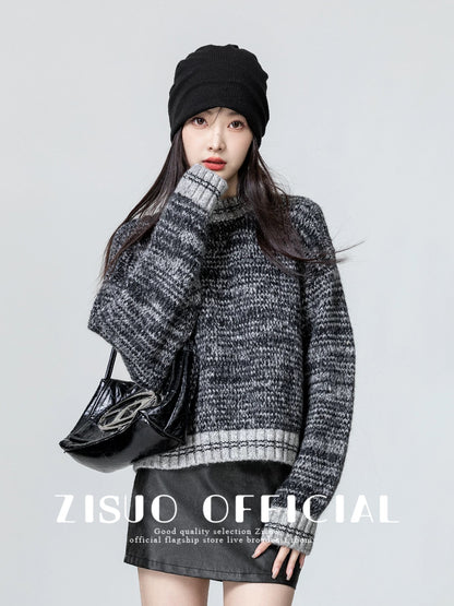 Retro American gray round neck sweater for women 2024 autumn and winter new loose thickened pullover sweater short top