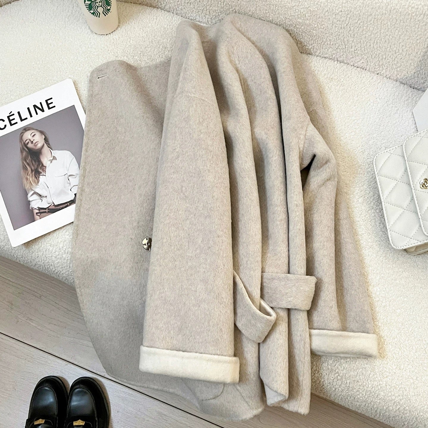 Beige high-end double-faced cashmere coat for women, 2025 autumn and winter new Korean style loose petite wool coat.