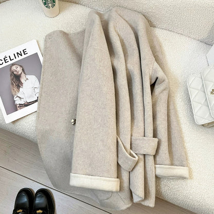 Beige high-end double-faced cashmere coat for women, 2025 autumn and winter new Korean style loose petite wool coat.