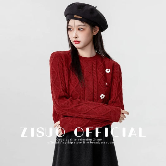 2024 Spring and Autumn New Irregular Red Round Neck Sweater Women's Design Niche Short Knitted Sweater Chic Top