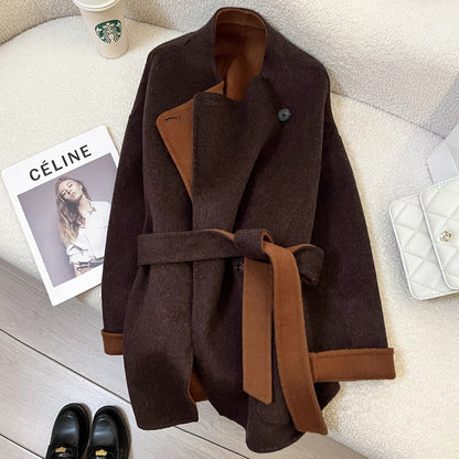 Brown double-faced cashmere coat for women, 2025 autumn/winter new high-end Korean style loose-fitting wool coat for petite figures.