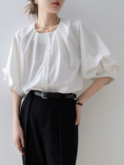 French retro puff sleeve white shirt for women 2025 new summer loose round neck top design niche shirt