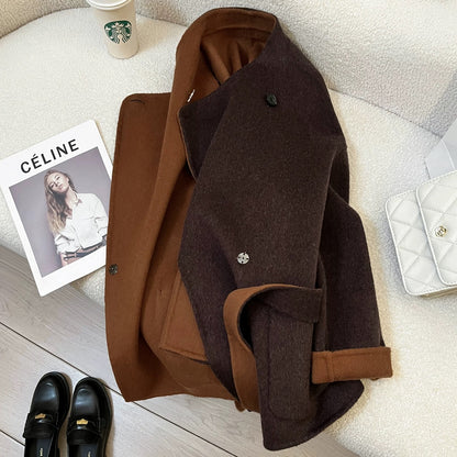 Brown double-faced cashmere coat for women, 2025 autumn/winter new high-end Korean style loose-fitting wool coat for petite figures.
