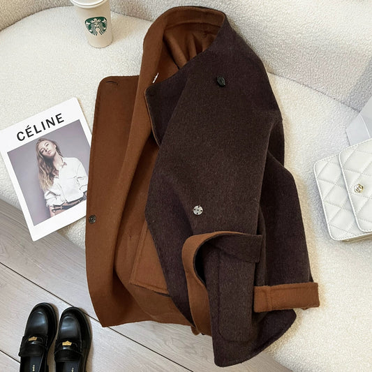 Brown double-faced cashmere coat for women, 2025 autumn/winter new high-end Korean style loose-fitting wool coat for petite figures.
