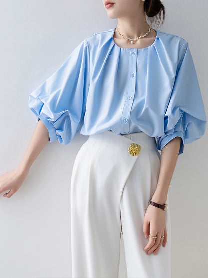 French retro puff sleeve white shirt for women 2025 new summer loose round neck top design niche shirt