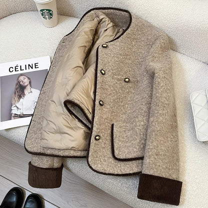 Khaki down-filled French-style short jacket for women, 2025 new winter retro patchwork design top
