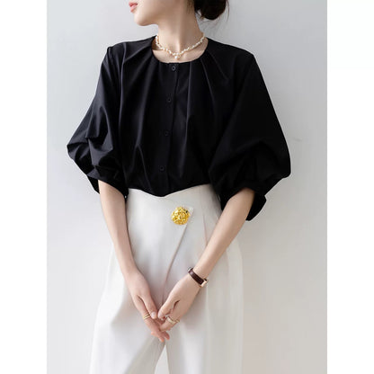 French retro puff sleeve white shirt for women 2025 new summer loose round neck top design niche shirt