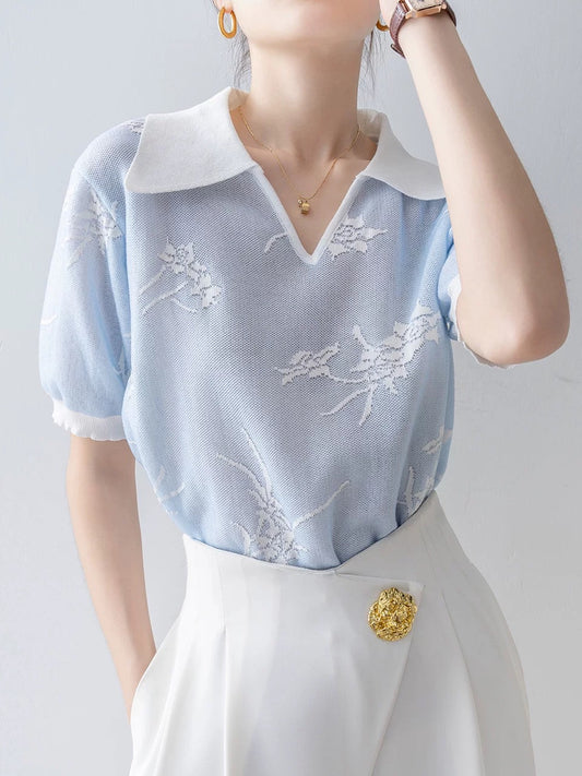 Short-sleeved straight shoulder T-shirt for women 2025 new hot summer blue half-open collar loose design sweet and spicy top